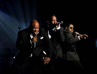 Wanya Morris, Shawn Stockman and Nate Morris of Boyz II Men perform on opening night of Boyz II Men's residency at The Mirage on Friday, March 1, 2013.