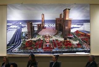 An artist's illustration of the new Resorts World Las Vegas is displayed during a news conference at Steelman Design Monday, March 4, 2013. The Genting Group announced plans for Resorts World Las Vegas, a multi-billion dollar resort to be built on the site of the stalled Echelon project.