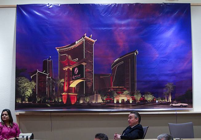 An artist's illustration of the new Resorts World Las Vegas is displayed during a news conference at Steelman Design Monday, March 4, 2013. The Genting Group announced plans for Resorts World Las Vegas, a multi-billion dollar resort to be built on the site of the stalled Echelon project.