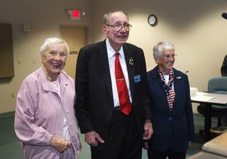 World War II veterans are honored during Veterans Court in Henderson Thursday, March 7, 2013. From left are: Navy veteran Evie Hallas, Army veteran Richard Zimpfer and Coast Guard veteran Billie D'Entremont.
