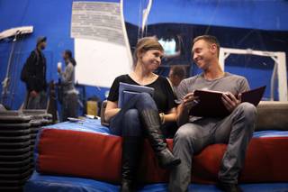 Krista Monson, left, and Ross Gibson discuss the rehearsal for 