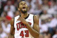 UNLV forward Mike Moser reacts after a play against Fresno State during their game Saturday, March 9, 2013 at the Thomas & Mack Center. Fresno State upset UNLV 61-52.
