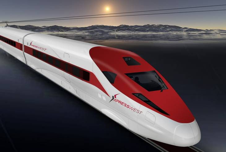 An artist’s rendering of a train on the XpressWest high-speed rail line.