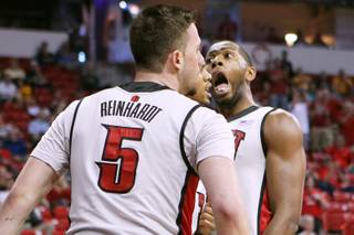 UNLV's Mike Moser yells after teammate Bryce Dejan-Jones drew an Air Force foul during their Mountain West Conference Tournament game Wednesday, March 13, 2013 at the Thomas & Mack.