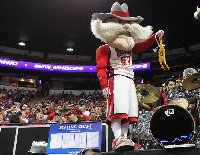 UNLV mascot Hey Reb holds a rubber chicken with the initials "KU" during their game against Air Force at the Mountain West Conference Tournament on Wednesday, March 13, 2013, at the Thomas & Mack.