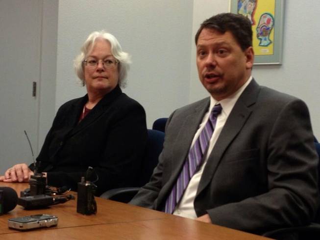 Clark County School Board President Carolyn Edwards, left, and Superintendent Pat Skorkowsky answer questions from media.