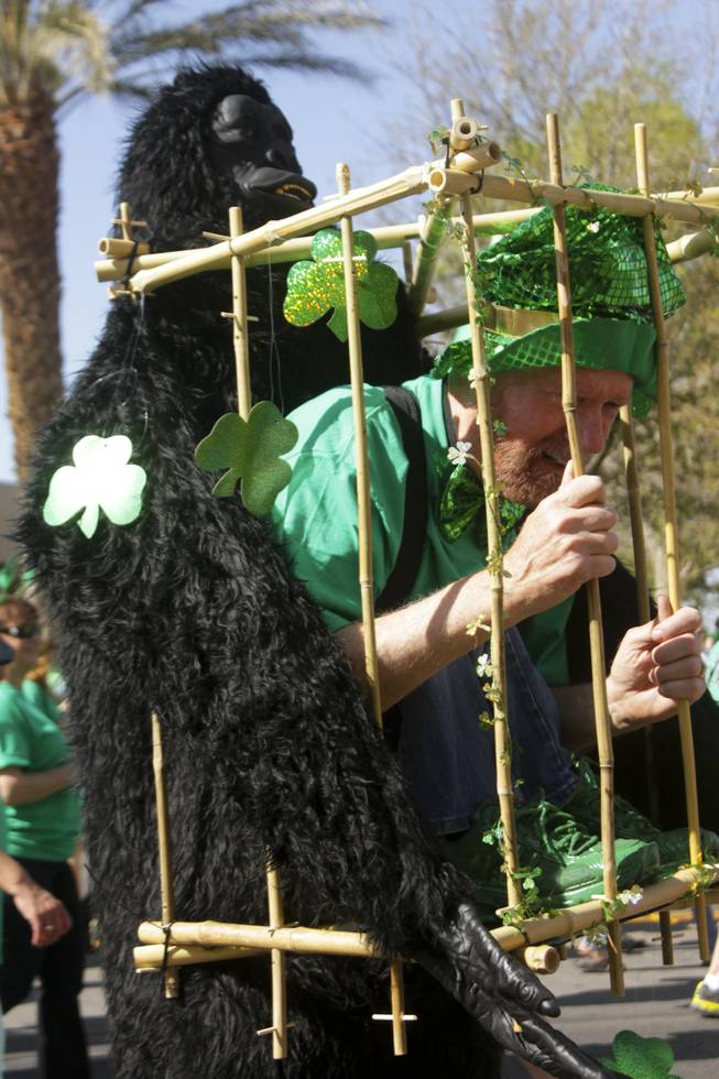 A participant in a gorilla/man-in-a-cage costume talks to onlookers during the St. Patrick's Day Parade in downtown Henderson, Saturday, Mar. 16, 2013.