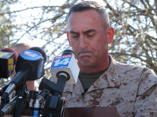 Marine Brig. Gen. Jim Lukeman address the media outside the gates of Camp Lejeune, N.C., on Tuesday, March 19, 2013. Seven Marines from the base were killed in a mortar accident in Nevada on Monday night.