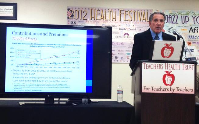 CEO Peter Alpert addresses the media at a news conference at the Teachers Health Trust on Tuesday, March 19, 2013.