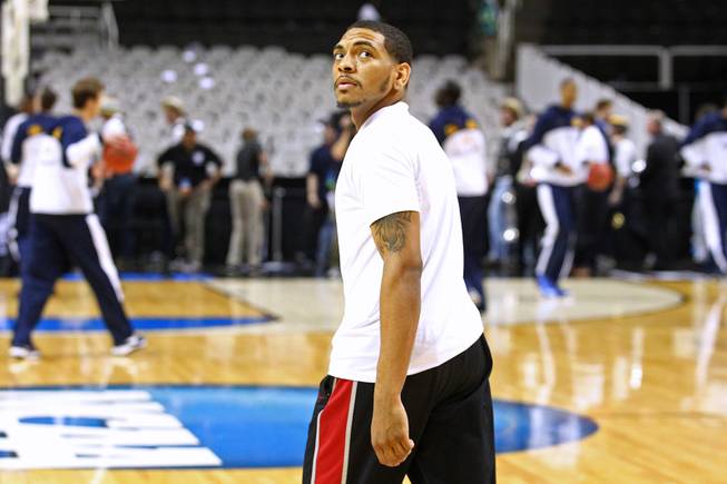 UNLV guard Anthony Marshall looks back during warmups before their second round game against Cal at the NCAA Basketball Tournament Thursday, March 21, 2013 at the HP Pavilion in San Jose, Calif. 