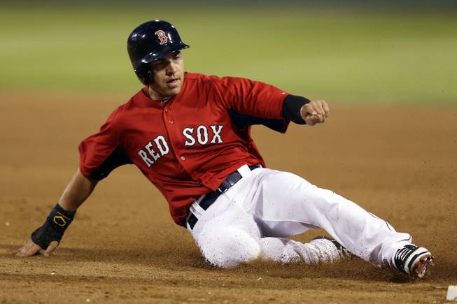 Boston Red Sox's Jacoby Ellsbury slides safely back to first base after Daniel Nava hit a fly-out in the third inning of an exhibition spring training baseball game against the Minnesota Twins in Fort Myers, Fla., Thursday, March 28, 2013.