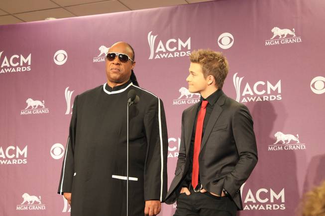 Stevie Wonder and Hunter Hayes field questions from the media after the 48th annual ACM Awards telecast from MGM Grand Garden Arena.
