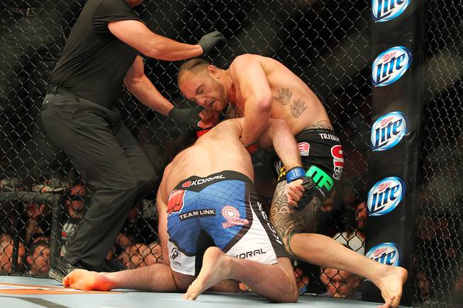 Travis Browne rains elbows down on the head of Gabriel Gonzaga on his way to a knock out during their bout at The Ultimate Fighter 17 Finale Saturday, April 13, 2013 at the Mandalay Bay Events Center.