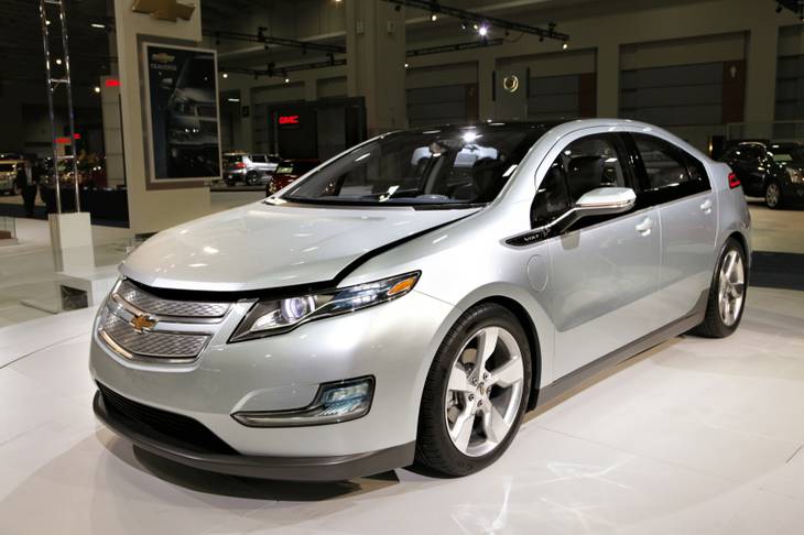 The Chevy Volt, an electric car that GM says will go 40 miles on an electric charge, is on display at the Washington Auto Show, Tuesday, Jan. 26, 2010, at the Walter E. Washington Convention Center, in Washington.  