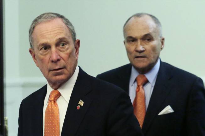 New York Mayor Michael Bloomberg, left, and Police Commissioner Raymond Kelly arrive for a news conference, Thursday, April, 25, 2013 in New York. The two say the Boston Marathon bombing suspects intended to blow up their remaining explosives in Times Square. 