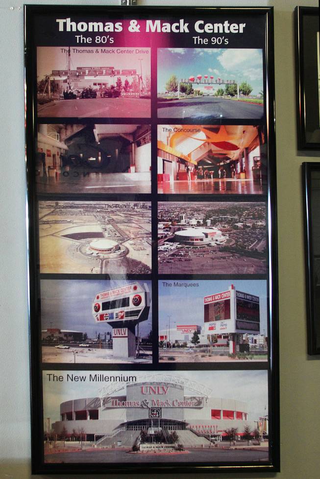 Photos detailing the evolution of the Thomas & Mack Center are seen in the concourse Tuesday, April 30, 2013.