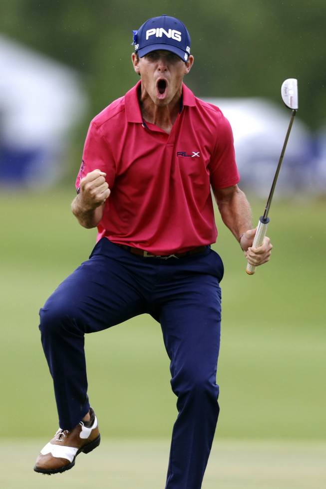 Billy Horschel celebrates after sinking a birdie putt on the 18th green to win the PGA Zurich Classic golf tournament at TPC Louisiana in Avondale, La., Sunday, April 28, 2013. 