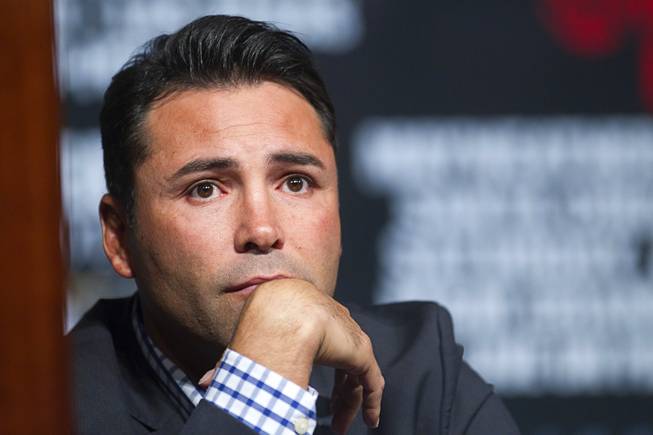 Oscar De La Hoya, president of Golden Boy Promotions, attends a news conference at the MGM Grand Wednesday, May 1, 2013.