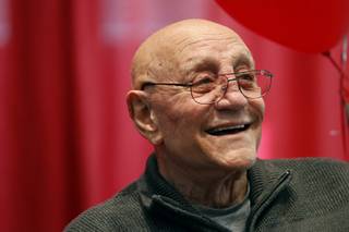 Coach Jerry Tarkanian smiles during the announcement of the creation of The Jerry Tarkanian Legacy Project, which includes a statue of Tarkanian and his ubiquitous towel,  Wednesday, May 1, 2013.