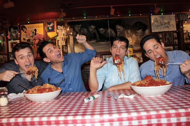 Cast members of "Jersey Boys" get sloppy at Buca di Beppo. From left, Rob Marnell, Travis Cloer, Deven May and Jeff Leibow.