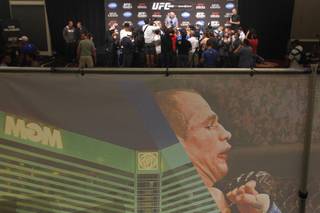 UFC president Dana White talks to a throng of reporters during media day in advance of UFC 160 Thursday, May 23, 2013.