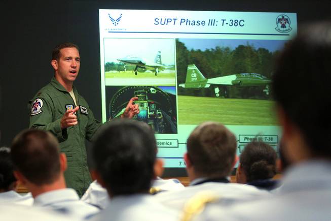 Thunderbird pilot Maj. Joshua Boudreaux speaks to a group from Palo Verde High School June 13, 2013 at Nellis Air Force Base.