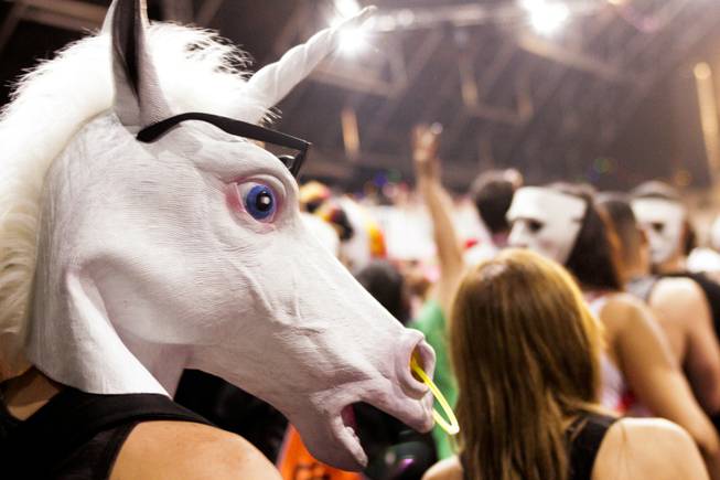 A fan wears a unicorn mask during the Benny Benassi set at the Electric Daisy Carnival Festival, EDC, at the Las Vegas Motor Speedway, Sunday morning, June 23, 2013.
