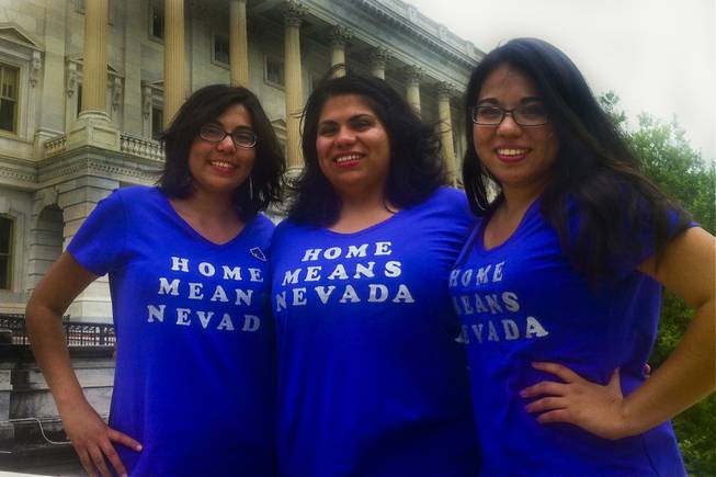 From left to right: Las Vegans Blanca Gamez, 23 and Astrid Silva, 25, both immigrants without legal permission, and Sandra Gamez, 21, a U.S. citizen, pause for a picture outside of the U.S. Senate in their “Home Means Nevada” shirts Thursday, June 27, just prior to the Senate’s final vote to pass comprehensive immigration reform.