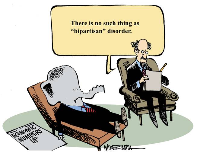 The winner of the June Smithereens Cartoon Caption Contest was donconner's "There is no such thing as 'bipartisan' disorder."