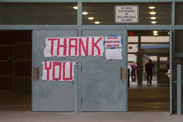 A sign thanks firefighters at Centennial High School and fight the Mount Charleston wildfire Thursday, July 11, 2013.