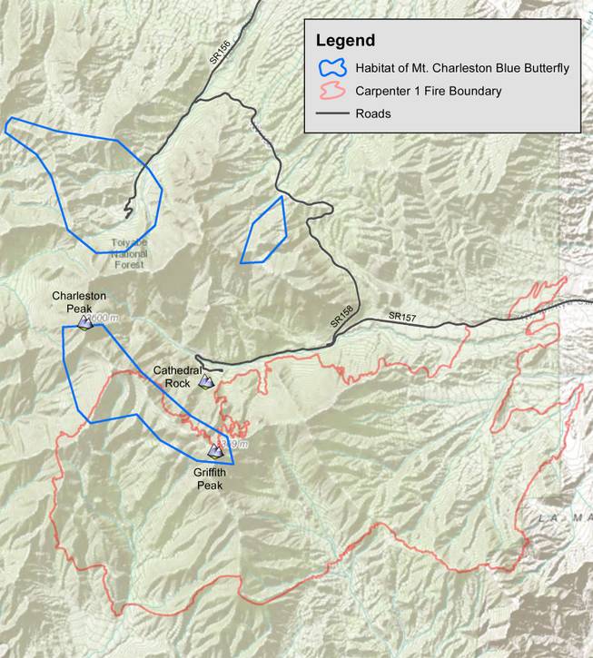 This map released by the U.S. Fish and Wildlife Service, marks the areas of the Mount Charleston blue butterfly's habitat in relation to the Mount Charleston wildfire boundaries as ofThursday,  July 11, 2013.