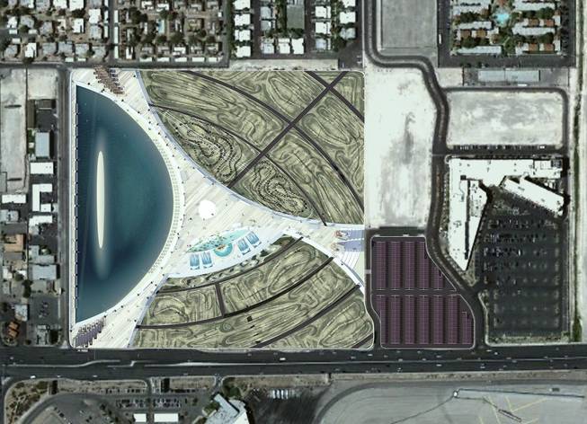 A sky view rendering of 'Vegas Extreme,'  a newly proposed extreme sports attraction for the Strip. The rendering was designed by M-Rad, of Los Angeles. 