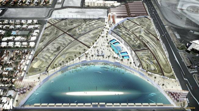 A aerial view rendering of 'Vegas Extreme,'  a newly proposed extreme sports attraction for the Strip. The rendering was designed by M-Rad, of Los Angeles. 