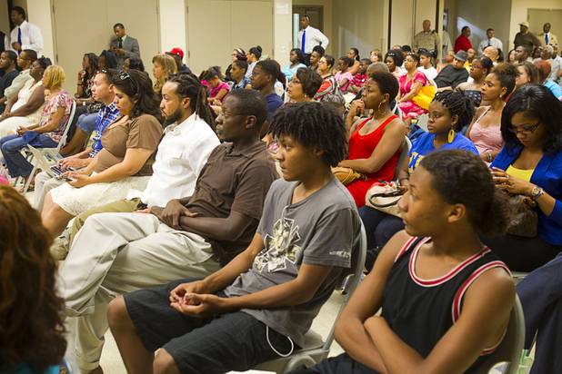 Over 200 people pack a meeting room for a town hall discussion titled After Trayvon Martin: What Now?" at the Pearson Community Center in North Las Vegas Wednesday, July 17, 2013. The Phi Beta Sigma fraternity sponsored the event.