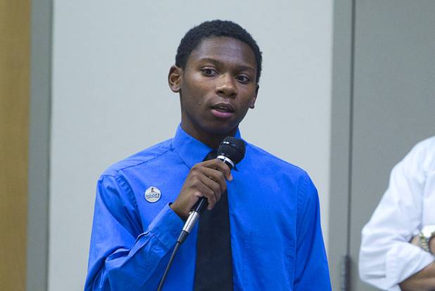 Elijah Henderson, 16, speaks during a town hall discussion at the Pearson Community Center in North Las Vegas Wednesday, July 17, 2013. The discussion, titled After Trayvon Martin: What Now?, attracted more than 200 people. The Phi Beta Sigma fraternity sponsored the event.