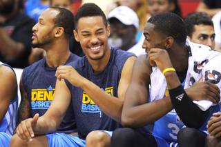 Former UNLV swingman Chace Stanback laughs on the bench while playing with Denver against New Orleans Wednesday, July 17, 2013 during the NBA Summer League at Cox Pavilion.