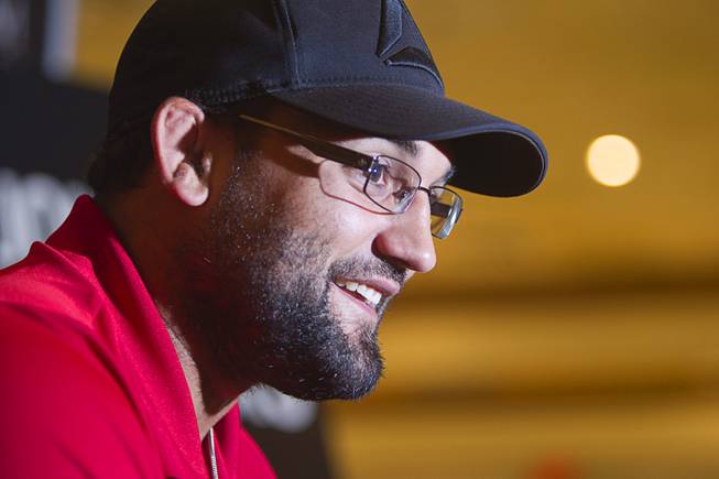 UFC fighter Johny Hendricks of Dallas, Texas talks with reporters during a UFC news conference in the lobby of the MGM Grand Monday, July 29, 2013.Hendricks will challenge UFC welterweight champion Georges St. Pierre of Canada for the title during UFC 167 on Nov. 17 at the MGM Grand.