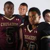Faith Lutheran football players, from left, Danny Otuwa, Hayden Solis, Keenan Smith and Vinny DeGeorge on July 30, 2013.
