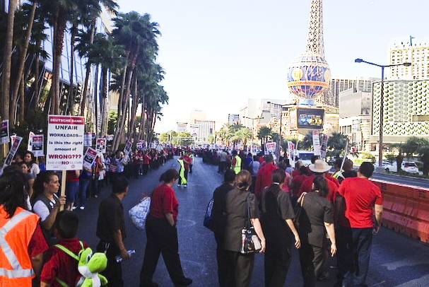 Culinary Union members protest outside the Cosmopolitan Casino, July 31, 2013.