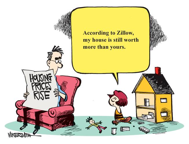 The winning caption for this month's Smithereens Cartoon Caption Contest received 50 percent of the votes and came from website user missionway: "According to Zillow, my house is still worth more than yours."
