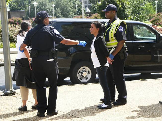 Theresa Navarro, handcuffed, of Progressive Leadership Alliance of Nevada, waits to be processed and loaded into a police van outside the Longworth House Office Building in Washington, D.C., after a pro-immigration reform protest Thursday, July 31, 2013.