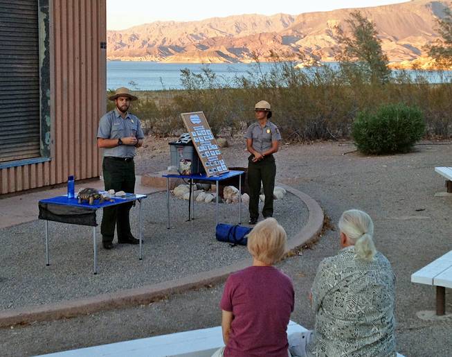 Lake Mead National Recreation Area ranger Ben Jurand talks to a group about the declining population of desert tortoises at the Boulder Beach Campground on Friday, Aug. 9, 2013. The desert tortoise has been designated a threatened species with its populations decreasing since 1950.  