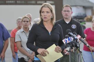 ADA County Sheriff's Office Public Information Officer Andrea Dearden addresses the media at the Cascade Fire Station in Cascade, Idaho, on Saturday, Aug. 10, 2013. The man suspected of kidnapping 16-year-old Hannah Anderson was shot dead in Idaho as the girl was rescued.
