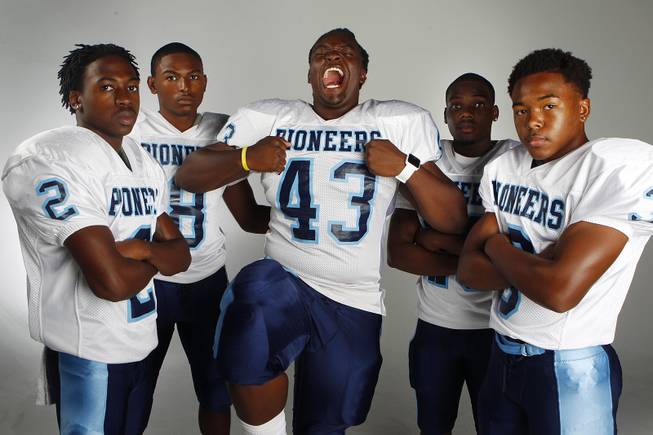 Canyon Springs football players, from left, defensive back Raequan Bascombe, linebacker Isiah Carter, defensive lineman Rayshawn Henderson, running back Zaviontay Stevenson and defensive back A.J. Cooper.

