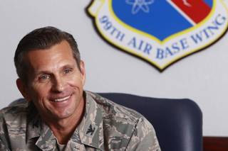 Colonel Barry Cornish, commander of the 99th Air Base Wing, smiles during a interview at Nellis Air Force Base Monday, Aug. 26, 2013.