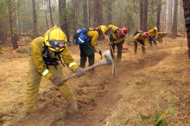 A fire crew digs a fire line near Yosemite National Park in this photo made on Sunday, Aug. 25, 2013, and released by the US Forest Service on Tuesday. Firefighters continue to battle the Rim Fire, which has ravaged 282 square miles by Tuesday, the biggest in the Sierra's recorded history.