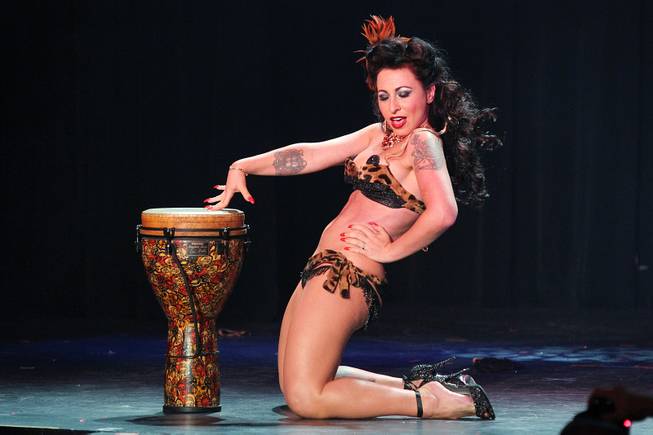 Angie Pontani performs during a benefit show in honor of burlesque pioneer Dixie Evans on Saturday, Aug. 31, 2013, at the Plaza.