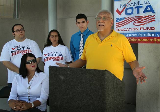 Francisco Javier Santoyo, owner of Oro & Jewelers in Boulder City, discusses immigration reform at a press conference organized by Mi Familia Vota on Thursday, Sept. 5. Mi Familia Vota and other organizations are canvassing neighborhoods and holding numerous events in the coming month to help spur progress in Congress on immigration reform.