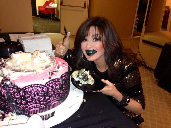 Marie Osmond makes a happy mess of it on the sixth anniversary of Donny and Marie's show at Flamingo Las Vegas.