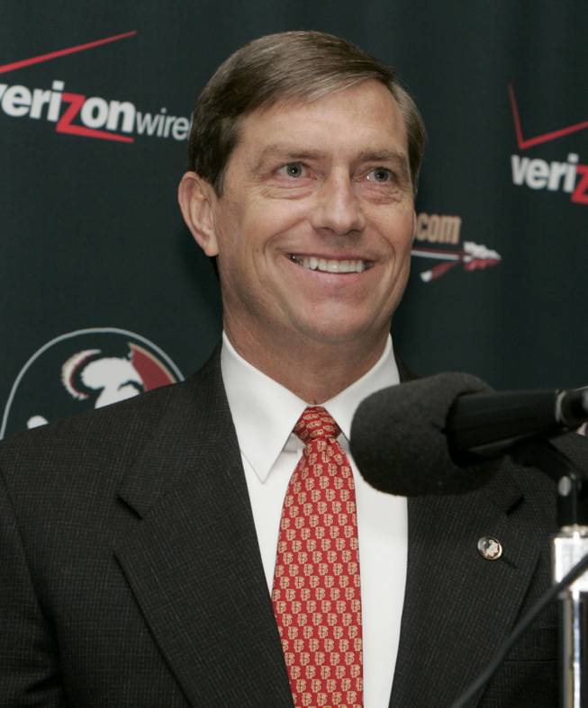 Randy Spetman smiles after being named athletic director at Florida State University, Monday, Feb. 4, 2008, in Tallahassee, Fla. 